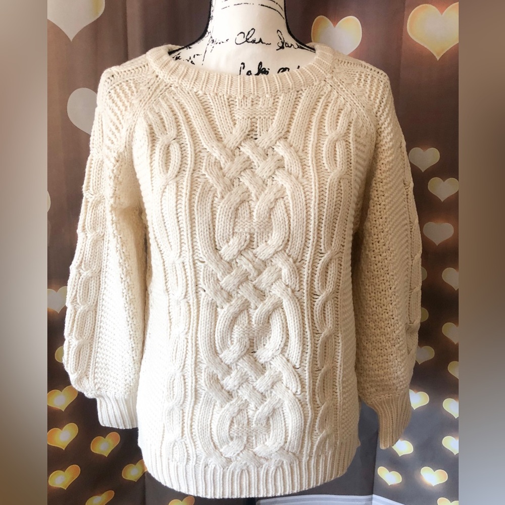 Sweater cable knit lantern sleeve cream beige womens long sleeve top - Picture 2 of 10